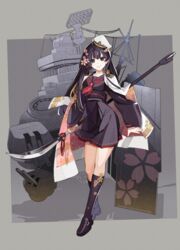  00long_tea black_eyes black_hair black_skirt black_socks chikuma_(steelblue_mirage) commentary_request female floral_print flower grey_background hair_flower hair_ornament hairclip hat highres kneehighs long_sleeves military_hat naginata polearm school_uniform serafuku skirt smile socks solo steelblue_mirage turret uniform warship_girls_r weapon 