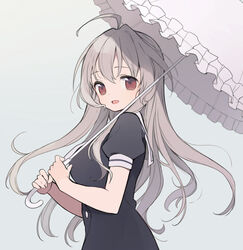  :d ahoge black_dress breasts brown_eyes brown_hair choe_myeong_hwa commentary_request dress female frilled_umbrella frills grey_background hair_between_eyes highres holding holding_umbrella itsumi_(itumiyuo) long_hair looking_at_viewer looking_to_the_side medium_breasts open_mouth puffy_short_sleeves puffy_sleeves sailor_collar sailor_dress saki_(manga) saki_achiga-hen short_sleeves simple_background smile solo umbrella very_long_hair white_sailor_collar 