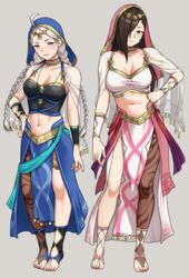  2girls absurdres ahoge azura_(fire_emblem) azura_(fire_emblem)_(cosplay) azura_(hatari)_(fire_emblem) bbk_(13zk) blue_eyes braid breasts brown_eyes brown_hair commission commissioner_upload cosplay crop_top dancer fire_emblem fire_emblem_fates fire_emblem_heroes full_body gold_choker hair_over_one_eye hand_on_own_hip highres kagero_(fire_emblem) large_breasts leanne_(fire_emblem) leanne_(fire_emblem)_(cosplay) leanne_(hatari)_(fire_emblem) long_hair looking_at_viewer low_twin_braids multiple_girls navel nina_(fire_emblem) non-web_source official_alternate_costume parted_bangs single_leg_pantyhose smile thigh_strap toeless_footwear toeless_legwear toes twin_braids veil white_hair 