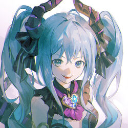  balabling bare_shoulders black_capelet blue_eyes blue_hair bow breasts capelet commentary crystal diamond_(gemstone) dragon_horns female hairbow hatsune_miku hatsune_miku_(noodle_stopper) horns jewelry leotard long_hair looking_at_viewer medium_breasts oerba_yun_fang open_mouth portrait shade sidelocks solo strapless strapless_leotard teeth twintails vocaloid 