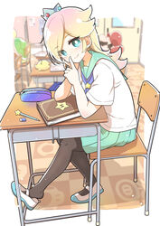  1boy absurdres black_pantyhose blonde_hair blue_eyes blue_sailor_collar blurry blurry_background book chair classroom closed_mouth crown desk eraser facial_hair female finger_to_face hand_on_own_face highres koopa_troopa long_hair looking_at_viewer luma_(mario) mario mario_(series) merugamu_melgum moustache pantyhose pencil pencil_case pleated_skirt red_headwear rosalina sailor_collar school_chair school_desk school_uniform shell shirt shoe_dangle sitting skirt smile solo_focus super_mario_galaxy white_shirt zipper 