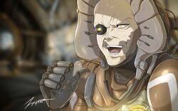  1boy armor bald cable captain_vor commentary cyborg deflect glowing glowing_eye grineer jojo_no_kimyou_na_bouken kono_dio_da_(meme) male_focus mechanical_parts meme old old_man open_mouth parody pointing pointing_at_self science_fiction smile solo teeth warframe yellow_eyes zxpfer 