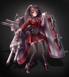  absurdres aircraft airplane bad_id bad_pixiv_id belt black_background black_thighhighs boots brown_eyes brown_hair cannon chikuma_(steelblue_mirage) clenched_hand covered_navel cross-laced_footwear female frown full_body high_heel_boots high_heels highres knee_boots long_sleeves machinery pleated_skirt red_skirt ribbon rudder_footwear shadow short_hair skirt solo standing steelblue_mirage suuzuki_ayato thighhighs turret warship_girls_r white_ribbon 