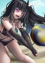  absurdres architect_(girls&#039;_frontline) architect_(nvw_model)_(girls&#039;_frontline) beach black_gloves black_hair black_one-piece_swimsuit breasts cloud commentary_request day elbow_gloves feet_out_of_frame female fingernails girls&#039;_frontline gloves hair_ornament highres jewelry large_breasts long_hair motion_blur nail_polish navel necklace oerba_yun_fang one-piece_swimsuit open_mouth outdoors partially_fingerless_gloves pi4_pi_yo pink_nails pinstripe_pattern purple_eyes sand sangvis_ferri side_ponytail solo standing striped swimsuit teeth upper_teeth_only very_long_hair volleyball 