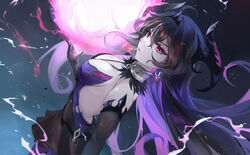  absurdres backless_dress backless_outfit black_hair breasts cleavage collar dress earrings elbow_gloves epic_seven female gloves hair_between_eyes halterneck hand_up highres horns jewelry long_hair looking_at_viewer looking_to_the_side medium_breasts purple_eyes solo specter_tenebria_(dark_tyrant)_(epic_seven) specter_tenebria_(epic_seven) tenebria_(epic_seven) tiara vardan 