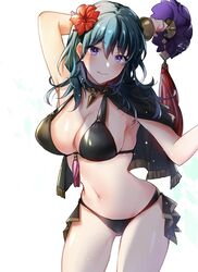  arm_behind_head arm_up armpits bare_shoulders bikini black_bikini blue_hair blush breasts byleth_(female)_(fire_emblem) byleth_(female)_(summer)_(fire_emblem) byleth_(fire_emblem) capelet cleavage collarbone female fire_emblem fire_emblem:_three_houses flower hair_flower hair_ornament highres large_breasts looking_at_viewer medium_hair navel nekolook official_alternate_costume purple_hair simple_background smile swimsuit thighs wet 