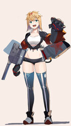  :d absurdres ass_visible_through_thighs black_gloves black_jacket blonde_hair blue_thighhighs breasts cleavage female frunze_(steelblue_mirage) gauntlets gloves green_eyes headband highres jacket looking_at_viewer medium_breasts midriff mumemo open_mouth red_headband short_hair short_shorts shorts simple_background smile solo standing steelblue_mirage thighhighs turret warship_girls_r white_background zipper 