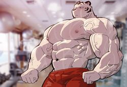  2020 abs anthro biceps felid fur hi_res male mammal muscular muscular_anthro muscular_male nipples pantherine pecs simple_background solo stripes syukapong tiger white_body white_fur 