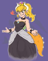  5_fingers animal_humanoid blonde_hair blue_eyes bowser bowsette_meme bracelet breasts clothed clothing collar crown dress eyebrows eyelashes female fingers fire grin hair headgear horn humanoid humanoid_pointy_ears jewelry koopa_humanoid limehazard mario_bros meme nintendo ponytail scalie scalie_humanoid shell simple_background smile solo spiked_bracelet spiked_collar spiked_shell spiked_tail spikes spikes_(anatomy) super_crown tail thick_eyebrows 