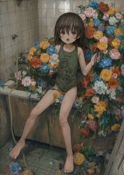  absurdres barefoot bathtub blush brown_hair female flower full_body green_leotard highres holding holding_flower holding_marker hose leotard looking_at_viewer marker medium_hair oerba_yun_fang open_mouth original shion_(mirudakemann) sitting solo tile_floor tiles yellow_eyes 