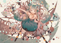  arm_up balabling bare_shoulders birthday black_footwear blue_eyes blue_hair blue_skirt blush bow bowtie breasts chocolate commentary cookie corset double_bun english_commentary female film_strip food full_body hair_bun hair_ornament hairbow hairclip hand_up happy_birthday hatsune_miku highres holding holding_food ice_cream ice_cream_cone leg_up long_hair looking_at_viewer open_mouth outstretched_arms shirt shoes skirt sleeveless small_breasts smile solo twintails very_long_hair vocaloid yellow_bow yellow_shirt 