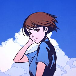  adjusting_hair blue_shirt blue_sky breasts brown_eyes brown_hair cloud eyelashes female hand_to_head high_contrast looking_at_viewer looking_to_the_side medium_breasts moshimoshibe nozomi_(sonny_boy) shirt short_hair sky solo sonny_boy texture turning_head upper_body wind 