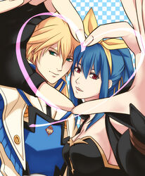  1boy black_dress blue_eyes bow breasts cleavage commentary_request couple curre detached_sleeves dizzy_(guilty_gear) dress female fingerless_gloves fingers_together gloves guilty_gear guilty_gear_vastedge_xt guilty_gear_xrd hair_between_eyes hairbow heads_together heart heart_hands heart_hands_duo husband_and_wife ky_kiske large_breasts ponytail red_eyes sideboob smile straight tied_hair yellow_bow 