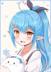  :d ahoge bakko black_ribbon blue_hair blush braid commentary_request elf female hair_between_eyes hair_ornament hair_ribbon heart heart_ahoge hololive long_hair looking_at_viewer multicolored_hair official_alternate_costume official_alternate_hairstyle open_mouth orange_hair pointy_ears ponytail purple_hair ribbon sidelocks simple_background smile solo streaked_hair upper_body virtual_youtuber x_hair_ornament yellow_eyes yukihana_lamy yukihana_lamy_(casual) yukimin_(yukihana_lamy) 