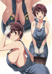  armpits arms_up bare_shoulders blush breasts brown_eyes brown_hair bucket cleavage collarbone commentary_request female gloves highres idolmaster idolmaster_cinderella_girls inue_shinsuke large_breasts leaning_forward looking_at_viewer multiple_views naked_overalls no_bra oikawa_shizuku open_mouth overalls short_hair sideboob smile sweat white_gloves wooden_bucket 