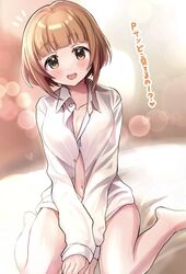  bare_legs barefoot blunt_bangs blurry blurry_background blush bokeh breasts brown_hair cleavage collarbone depth_of_field female highres idolmaster idolmaster_cinderella_girls kitami_yuzu looking_at_viewer medium_breasts naked_shirt navel no_pants notice_lines own_hands_together shirt sitting smile solo translation_request wariza yuzuhota0313 