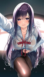  bad_id bad_twitter_id black_pantyhose blue_skirt blush breasts cleavage clothes_lift collarbone dripping female futaba_miwa large_breasts long_hair long_sleeves looking_at_viewer mole mole_on_breast mole_under_eye original panties pantyhose parted_lips pleated_skirt purple_eyes purple_hair red_ribbon ribbon school_uniform serafuku shirt signature skirt skirt_lift smile solo underwear wet wet_clothes wet_shirt white_panties 