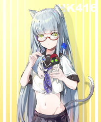  animal_ears bespectacled black_sailor_collar black_skirt cat_ears cat_girl cat_tail character_doll character_name closed_mouth commentary_request crop_top female girls&#039;_frontline glasses green_eyes grey_hair groin hair_ornament highres hk416_(girls&#039;_frontline) long_hair longzi_(lez) looking_at_viewer midriff navel pleated_skirt red-framed_eyewear sailor_collar school_uniform semi-rimless_eyewear serafuku shirt short_sleeves skirt solo stomach tail under-rim_eyewear upper_body very_long_hair white_shirt x_hair_ornament 