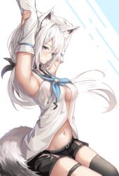  ahoge animal_ear_fluff animal_ears armpits arms_up black_ribbon black_shorts black_thighhighs blue_neckerchief breasts closed_mouth detached_sleeves female floating_hair fox_ears fox_girl fox_tail from_side green_eyes hair_ribbon highres holding_own_arm hololive kaiwa long_hair looking_at_viewer medium_breasts navel neckerchief ribbon shirakami_fubuki shirakami_fubuki_(1st_costume) short_shorts shorts sideboob single_thighhigh sitting solo stomach tail thigh_strap thighhighs virtual_youtuber white_hair 