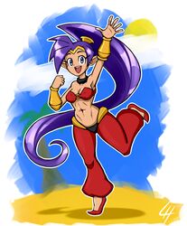  5_fingers bandeau breasts clothed clothing eyelashes female fingers footwear hair humanoid humanoid_pointy_ears limehazard long_hair navel not_furry open_mouth ponytail purple_hair shantae shantae_(series) shoes solo standing topwear wayforward 