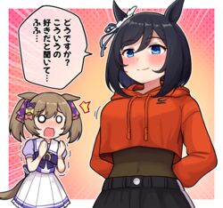  2girls ^^^ animal_ears arms_behind_back black_hair blue_eyes blush bow brown_hair closed_mouth commentary_request cosplay covered_navel crop_top crop_top_overhang cropped_hoodie drawstring eishin_flash_(umamusume) emphasis_lines frilled_skirt frills hair_between_eyes hairbow hands_up hood hood_down hoodie horse_ears horse_girl horse_tail ines_fujin_(umamusume) ines_fujin_(umamusume)_(cosplay) korean_commentary long_sleeves multiple_girls nose_blush open_mouth orange_hoodie partial_commentary pink_bow pleated_skirt puffy_long_sleeves puffy_sleeves purple_bow purple_shirt school_uniform shirt skirt smart_falcon_(umamusume) smile tail takiki tracen_school_uniform translated trembling twintails umamusume white_skirt yellow_bow 