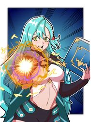  aqua_cape aqua_hair book breasts cape chloe_(fire_emblem) commentary emphasis_lines female fire_emblem fire_emblem_engage green_eyes groin hair_between_eyes half_updo highres holding holding_book long_hair long_sleeves looking_at_viewer magic medium_breasts midriff mnejing30 navel open_mouth sage_outfit_(fire_emblem_engage) shirt solo stomach upper_body v-shaped_eyebrows very_long_hair white_shirt 