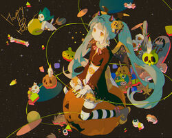  balabling between_legs black_thighhighs blue_hair boots breasts brown_kimono candle candy closed_mouth collar commentary creature earrings english_commentary female food frilled_collar frilled_sleeves frills full_body green_ribbons grey_footwear hair_ornament halloween hand_between_legs hatsune_miku head_wings highres horns japanese_clothes jewelry kimono long_hair long_sleeves looking_away looking_up orange_eyes pumpkin ribbon riding sitting small_breasts solo star_(sky) starry_background striped_clothes striped_thighhighs thighhighs tombstone twintails very_long_hair vocaloid white_thighhighs wide_sleeves wings 