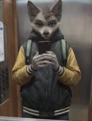  anthro backpack black_eyes canid canine canis clothed clothing detailed_background electronics elevator fur grey_body grey_fur half-closed_eyes half-length_portrait head_tuft holding_object holding_phone hoodie jacket letterman_jacket looking_at_viewer male mammal mirror_selfie narrowed_eyes phone photorealism portrait selfie smile solo terry_grimm topwear tuft wolf 