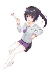  absurdres bad_id bad_pixiv_id black_hair breasts cake cake_slice canizzz collarbone collared_shirt dress_shirt female food fork full_body hand_up highres holding holding_fork long_sleeves looking_at_viewer necktie no_shoes open_mouth original purple_eyes purple_necktie purple_skirt school_uniform shirt side_ponytail simple_background sitting skirt small_breasts solo striped striped_necktie thighhighs thighs twintails white_background white_shirt white_thighhighs wing_collar 