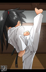  1boy axe_kick black_hair dougi fighting_stance flexible from_behind high_kick highres kaminosaki karate karate_gi kicking long_hair male_focus martial_arts original ponytail solo split standing standing_on_one_leg standing_split 