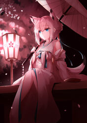  absurdres animal_ears azur_lane blue_eyes extra_ears female fox_girl highres japanese_clothes kawakaze_(azur_lane) kawakaze_(unsullied_white_fox)_(azur_lane) kimono official_alternate_costume oil-paper_umbrella ryou_(ryo_217cafe) sakura_empire_(emblem) solo umbrella white_kimono white_umbrella 