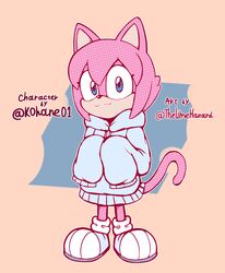  anthro blue_eyes clothed clothing domestic_cat english_text eyelashes fan_character felid feline felis female footwear fur hi_res hoodie kohane_(kohane01) limehazard long_sleeves looking_at_viewer mammal oversized_sleeves pink_background pink_body pink_fur sega shoes simple_background solo sonic_the_hedgehog_(series) standing text topwear 