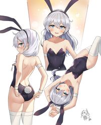  :d absurdres adjusting_clothes aliceblue animal_ears arms_up bad_id bad_pixiv_id bare_shoulders black_leotard blue_eyes blush breasts commentary_request fake_animal_ears female grey_hair hair_between_eyes hair_over_shoulder highres honkai_(series) honkai_impact_3rd korean_commentary leotard long_hair looking_at_viewer low_ponytail multiple_views open_mouth playboy_bunny rabbit_ears rabbit_tail sidelocks signature simple_background small_breasts smile tail theresa_apocalypse thighhighs white_background white_thighhighs wrist_cuffs 