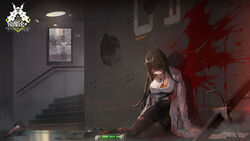  artist_request black_legwear black_skirt blood blood_splatter bottle breasts brown_hair bug butterfly coat concrete corpse death deep_wound female game_cg girls&#039;_frontline grey_background high_heels highres id_card injury jewelry lab_coat large_breasts leone_(girls&#039;_frontline) light_particles logo long_hair map necklace official_art pantyhose pencil_skirt shirt skirt solo spoilers stairs torn_clothes torn_pantyhose traffic_cone white_coat white_shirt 