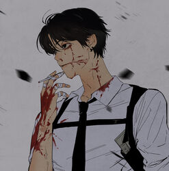  1boy bandaged_fingers bandages black_hair black_necktie blood blood_from_eyes blood_on_clothes blood_on_face blood_on_hands blurry blurry_background chainsaw_man chest_belt cigarette collared_shirt ear_piercing grey_background holding holding_cigarette kishibe_(chainsaw_man) kishibe_(young)_(chainsaw_man) looking_to_the_side male_focus necktie piercing scar scar_on_cheek scar_on_face shirt short_hair simple_background sleeves_rolled_up solo white_shirt yang_jeong-yang 