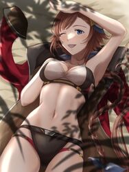  arm_up armpits beach bikini black_bikini blue_eyes braid braided_ponytail breasts brown_hair coat commentary dappled_sunlight female from_above granblue_fantasy hair_ornament hand_on_own_chest leona_(granblue_fantasy) long_hair looking_at_viewer lying medium_breasts mismatched_bikini multi-strapped_bikini navel on_back one_eye_closed open_mouth red_coat rei_(happily-blue-butterfly) short_hair single_braid smile solo sunlight swimsuit very_long_hair white_bikini 