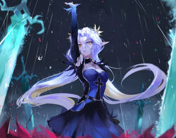  arm_up black_dress blue_hair breasts briar_witch_iseria cleavage dress elf epic_seven female flower hair_flower hair_ornament highres iseria_(epic_seven) long_hair long_sleeves looking_at_viewer medium_breasts night pointy_ears rain sky solo sword vardan very_long_hair weapon white_hair yellow_eyes 