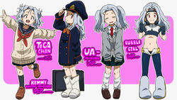  awa boku_no_hero_academia bubble_girl_(boku_no_hero_academia) closed_eyes closed_mouth cosplay eri_(boku_no_hero_academia) female full_body grey_hair hat highres horns lolicon long_hair looking_at_viewer navel necktie open_mouth red_eyes school_uniform single_horn skirt smile solo toga_himiko toga_himiko_(cosplay) utsushimi_kemii utsushimi_kemii_(cosplay) 