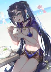  3girls beach bench bikini bikini_shorts black_hair blurry blurry_background bowl breasts capelet choker day earrings eating food genshin_impact green_eyes highres holding holding_food jean_(genshin_impact) jean_(sea_breeze_dandelion)_(genshin_impact) jewelry klee_(genshin_impact) long_hair looking_at_viewer mona_(genshin_impact) multiple_girls navel noodles nule3309 ocean official_alternate_costume open_mouth outdoors sand shorts side-tie_bikini_bottom sitting small_breasts solo_focus soumen sparkle_hair_ornament star_(symbol) star_choker star_earrings sunlight sweatdrop swimsuit table twintails very_long_hair water 