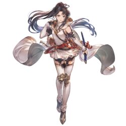  arrow_(projectile) black_hair blue_eyes bow_(weapon) breasts detached_sleeves female floating_hair full_body granblue_fantasy holding holding_sword holding_weapon hood hood_down long_hair looking_at_viewer minaba_hideo official_art pants ponytail quiver shirt shitori_(granblue_fantasy) simple_background small_breasts solo sword transparent_background turtleneck weapon 