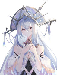  absurdres arknights bare_shoulders bell breasts cleavage closed_mouth crown female grey_hair hair_bell hair_ornament hand_on_own_chest highres kanaya604 long_hair looking_at_viewer multicolored_eyes simple_background skadi_(arknights) skadi_the_corrupting_heart_(arknights) skadi_the_corrupting_heart_(sublimation)_(arknights) tears upper_body white_background 