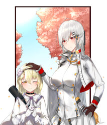  2girls absurdres blonde_hair blush breasts cape chinese_commentary choker commentary_request flower girls&#039;_frontline gloves hair_between_eyes hair_flower hair_ornament hair_ribbon hairband hairclip hexagram highres holding iws_2000_(girls&#039;_frontline) kerxeno long_hair military military_uniform multiple_girls pleated_skirt red_eyes ribbon shirt skirt star_of_david uniform white_hair x95_(girls&#039;_frontline) x95_(white_rose_girl)_(girls&#039;_frontline) yellow_eyes 