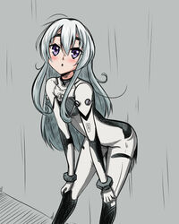  ahoge asortofcolorfag blush boa_(brianoa) chaika_trabant colorized cosplay female grey_hair highres hitsugi_no_chaika long_hair looking_at_viewer open_mouth plugsuit purple_eyes solo thick_eyebrows 