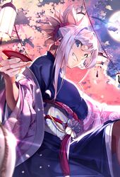  akamiso_(k074510) alcohol alternate_costume blue_eyes blue_kimono blurry blurry_foreground breasts cherry_blossoms cup eyelashes fate/grand_order fate_(series) feet_out_of_frame female floral_print from_side hair_ornament hair_scrunchie hair_up holding japanese_clothes kimono knee_up korean_commentary lantern large_breasts lens_flare looking_at_viewer miyamoto_musashi_(fate) moon obi outdoors pink_hair sakazuki sake sash scrunchie shadow shawl sidelocks sitting smirk solo teeth wide_sleeves 