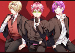  3boys black_gloves black_suit blonde_hair chains formal gloves hair_over_one_eye headgear male_focus multiple_boys pink_hair pirika_(rm0315) purple_eyes purple_hair red_vest saiki_kusuo saiki_kusuo_no_psi_nan saiki_kuusuke short_hair suit tinted_eyewear toritsuka_reita vest 