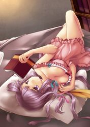  bad_id bad_pixiv_id book breasts female large_breasts long_hair lying narumizg on_back patchouli_knowledge purple_eyes purple_hair reading solo touhou 