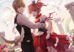  1boy :d alternate_costume arm_garter bare_shoulders bird blonde_hair bow brown_hair buttons commentary_request crown detached_collar double_bun dove dress dutch_angle feathers female flower frills garden gate gintama gloves hair_bun hair_ornament hair_ribbon hairbow hand_on_another&#039;s_back j.w kagura_(gintama) lace long_sleeves looking_at_viewer motion_blur okita_sougo open_mouth photoshop_(medium) pillar pink_hair red_bow red_eyes red_hair ribbon ribbon-trimmed_gloves ribbon_trim rose shirt short_hair skirt_hold sleeveless sleeveless_dress smile straight white_gloves white_shirt 