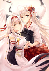  2girls aqua_eyes azur_lane bird blurry blush brown_eyes closed_mouth commentary cosplay costume_switch crossover depth_of_field floating_hair hair_ornament hairband hakama hakama_short_skirt hakama_skirt highres historical_name_connection holding_hands interlocked_fingers japanese_clothes kantai_collection kanzashi kimono long_hair md5_mismatch mole mole_under_eye multiple_girls muneate name_connection obi pleated_skirt red_skirt sash shoukaku_(azur_lane) shoukaku_(azur_lane)_(cosplay) shoukaku_(kancolle) shoukaku_(kancolle)_(cosplay) sidelocks skirt sleeves_rolled_up smile white_hair white_kimono yuemanhuaikong 