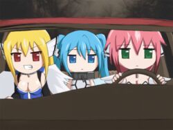  3girls angel_wings animated animated astraea_(sora_no_otoshimono) blonde_hair blue_eyes blue_hair bouncing_breasts breasts car cleavage collar driving ikaros large_breasts left-hand_drive lowres meme metal_collar motor_vehicle multiple_girls nymph_(sora_no_otoshimono) okayama_shinako parody roxbury saturday_night_live sora_no_otoshimono source_request what_is_love_(meme) wings 