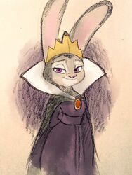  2016 3:4 anthro biped canid canine clothed clothing cosplay crown disney dress female front_view fully_clothed fur grey_body grey_fur grimhilde hands_behind_back headgear judy_hopps lagomorph leporid long_ears looking_at_viewer mammal mortic_ox purple_eyes rabbit snow_white_and_the_seven_dwarfs solo standing zootopia 